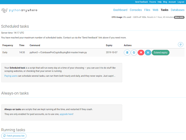 Setting a scheduled task in Python Anywhere